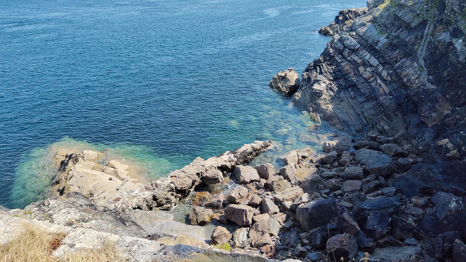 Falaises de schiste noir, eau turquoise : tout le contraste de la presqu'île.